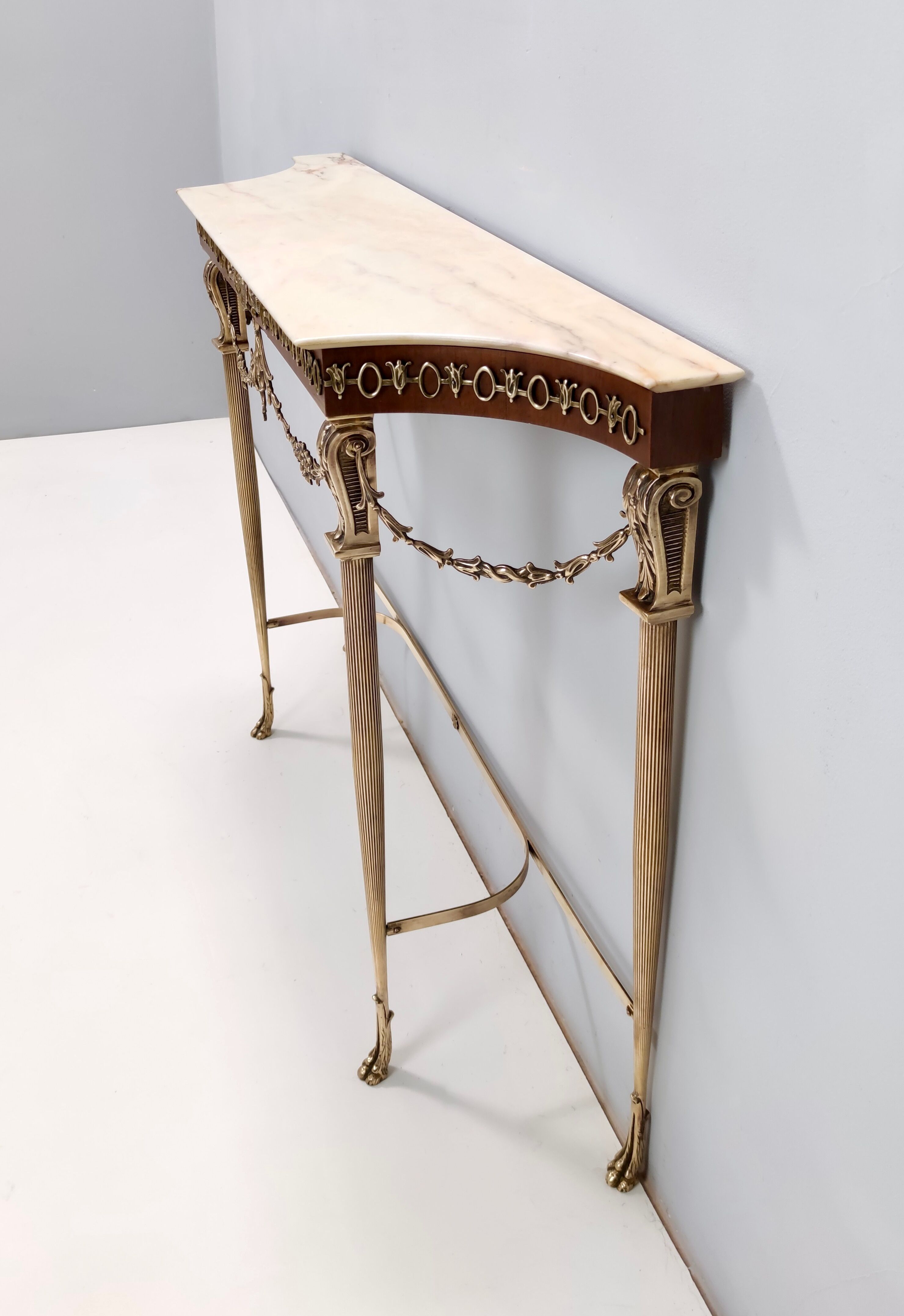 Vintage walnut console with a portuguese pink marble top and brass frame, italy
