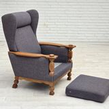 1970s, highback Danish armchair with footstool, furniture wool fabric, oak.