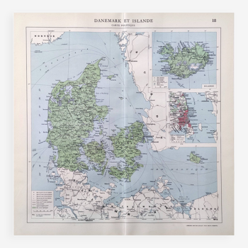 Carte ancienne Danemark Islande Scandinavie 43x43cm de 1950