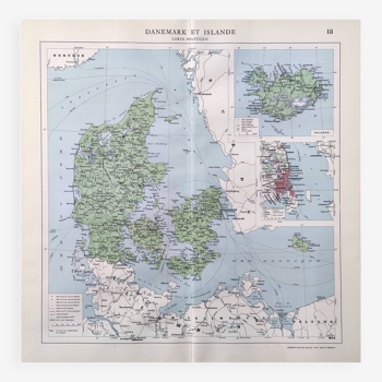 Old map Denmark Iceland Scandinavia 43x43cm from 1950