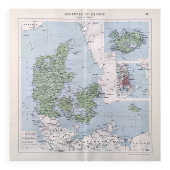 Old map Denmark Iceland Scandinavia 43x43cm from 1950