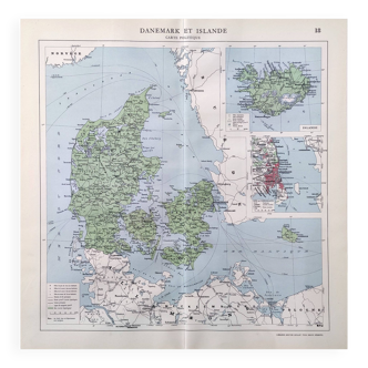 Carte ancienne Danemark Islande Scandinavie 43x43cm de 1950