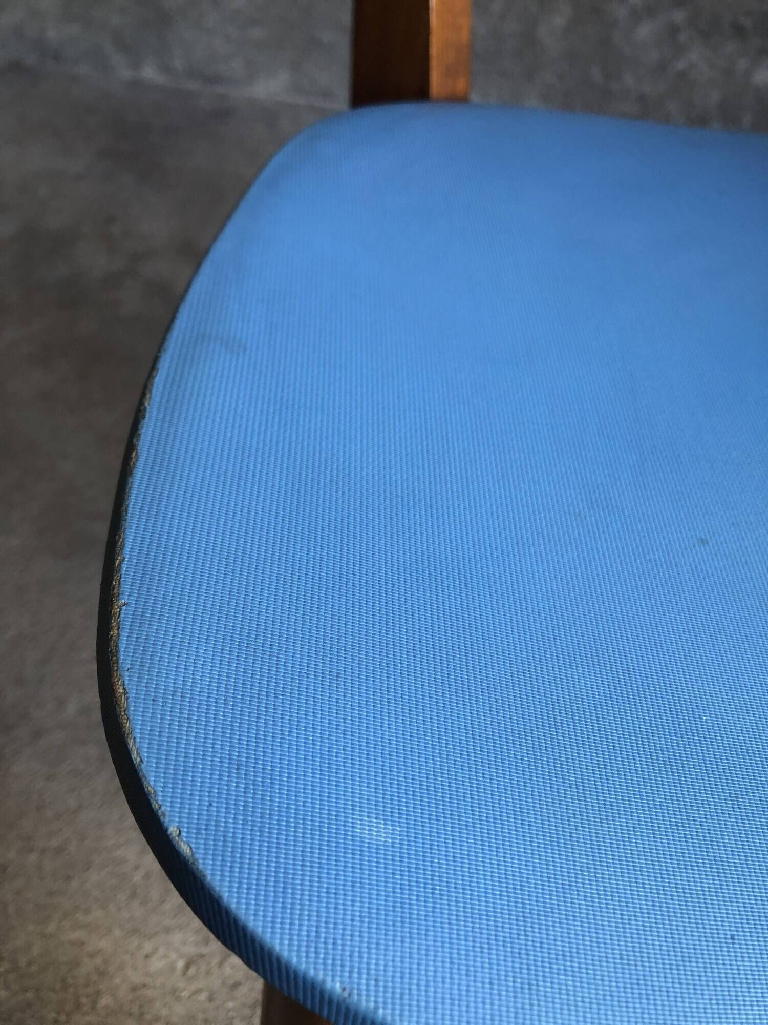 Pair of vintage bistro chairs in wood and light blue vinyl