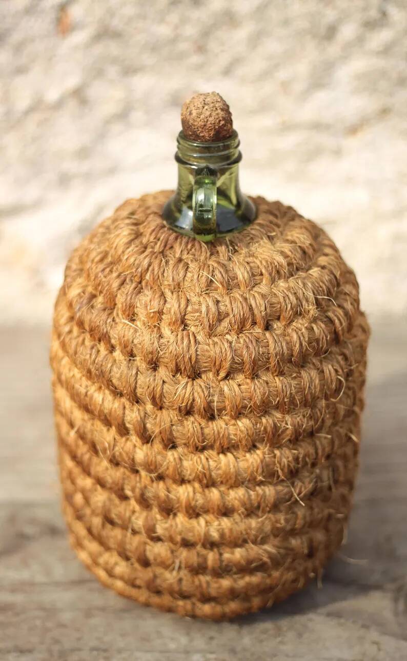 Lady Jeanne bottle, green glass bottle dressed in straw and wicker weaving, jar, vintage decor.