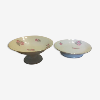 Lot de 2 compotiers en porcelaine décor floral et liseré or