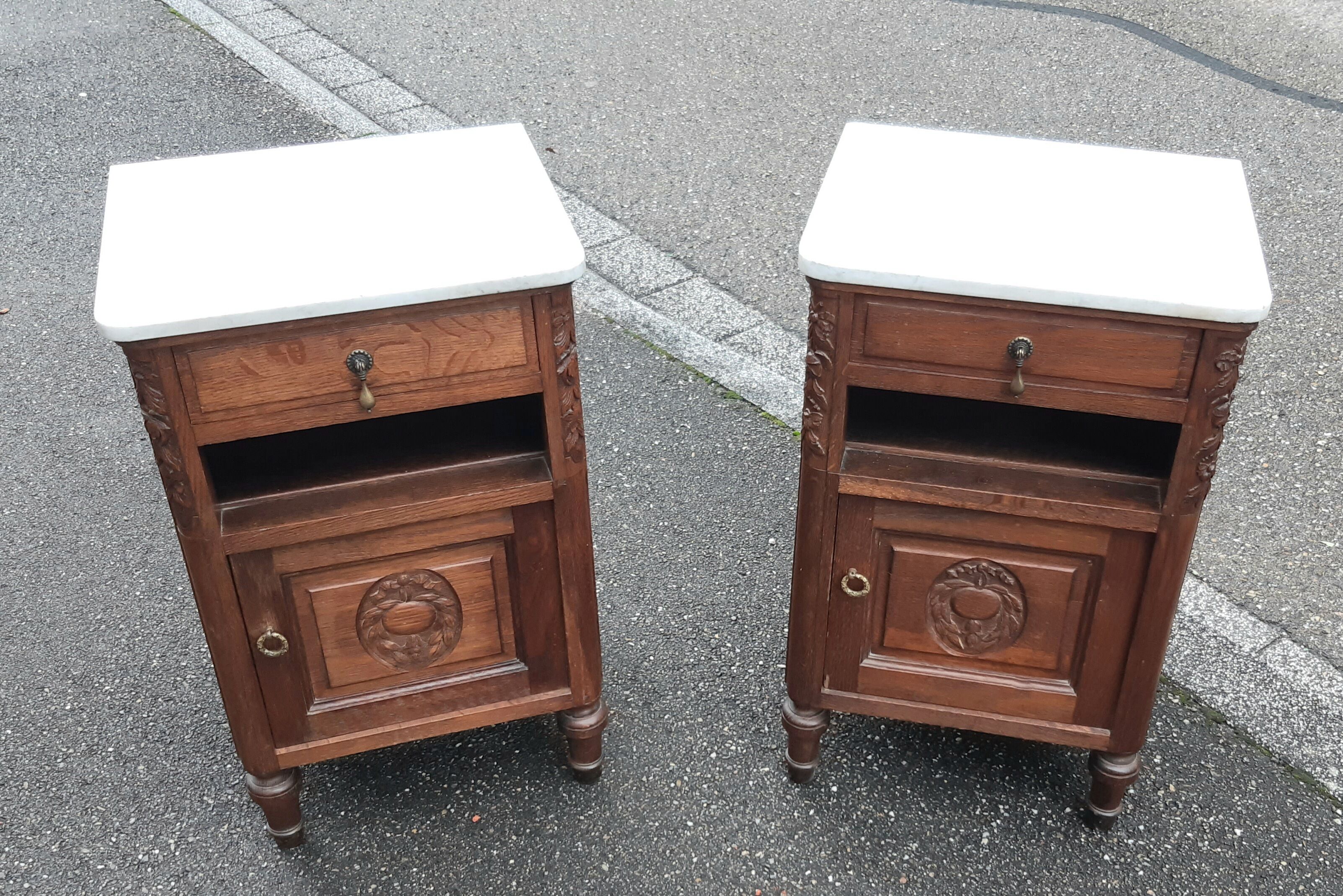 Solid oak and marble bedside tables