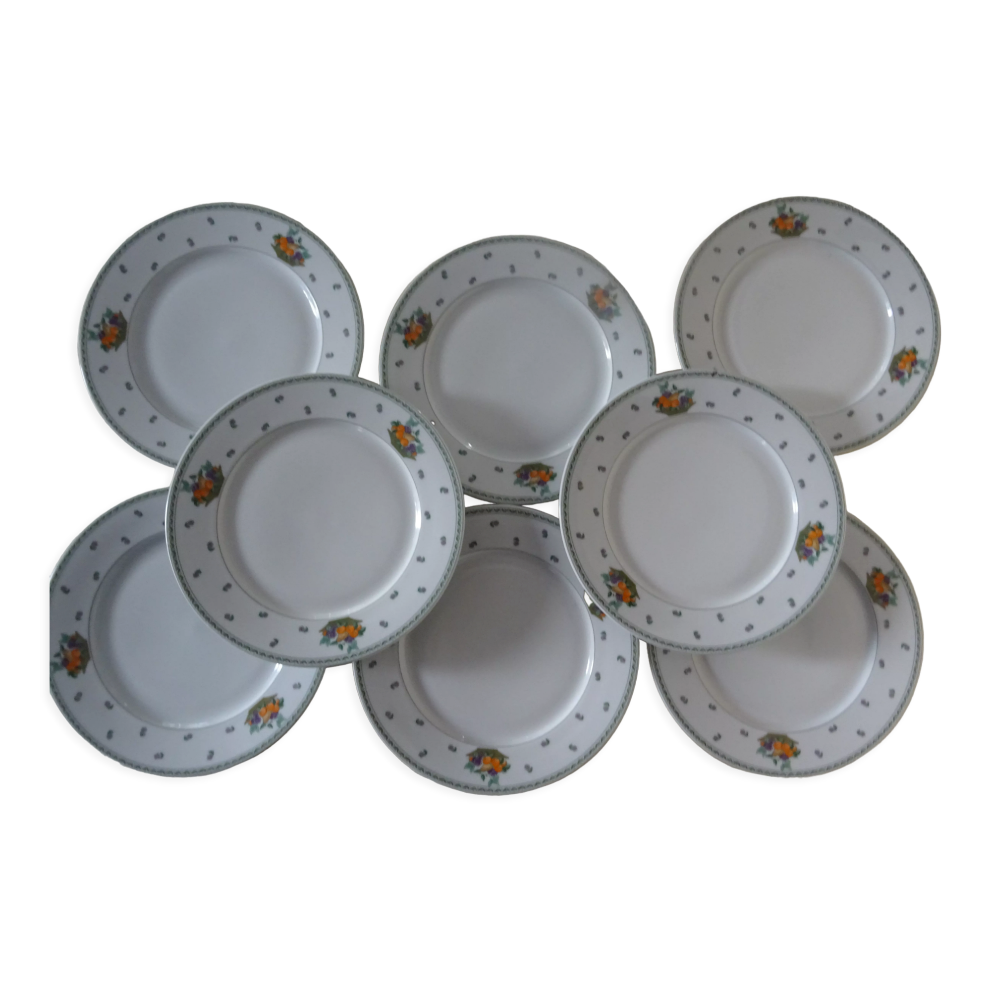 8 plates dessert porcelain Guy Degrenne decoration Basket fruit flowers