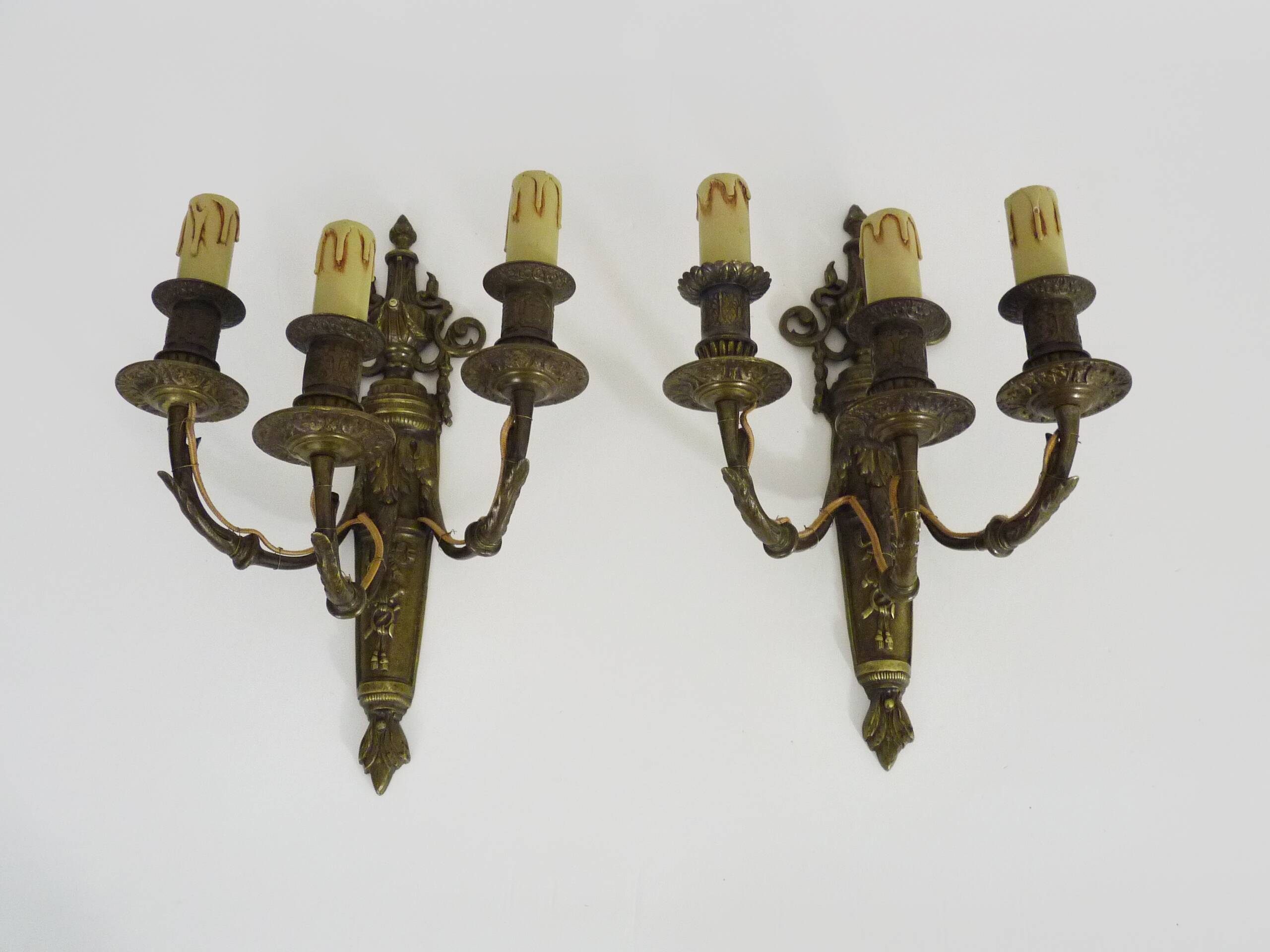 Magnificent Pair of Bronze Sconces with Louis XV Style Fire Pots. 1930s