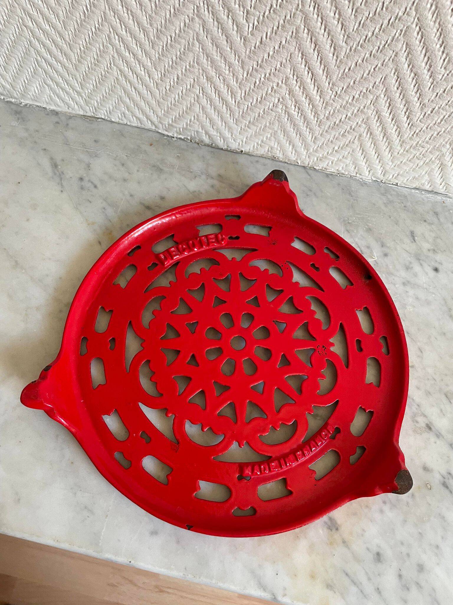 Vintage red Decotec enameled cast iron trivet