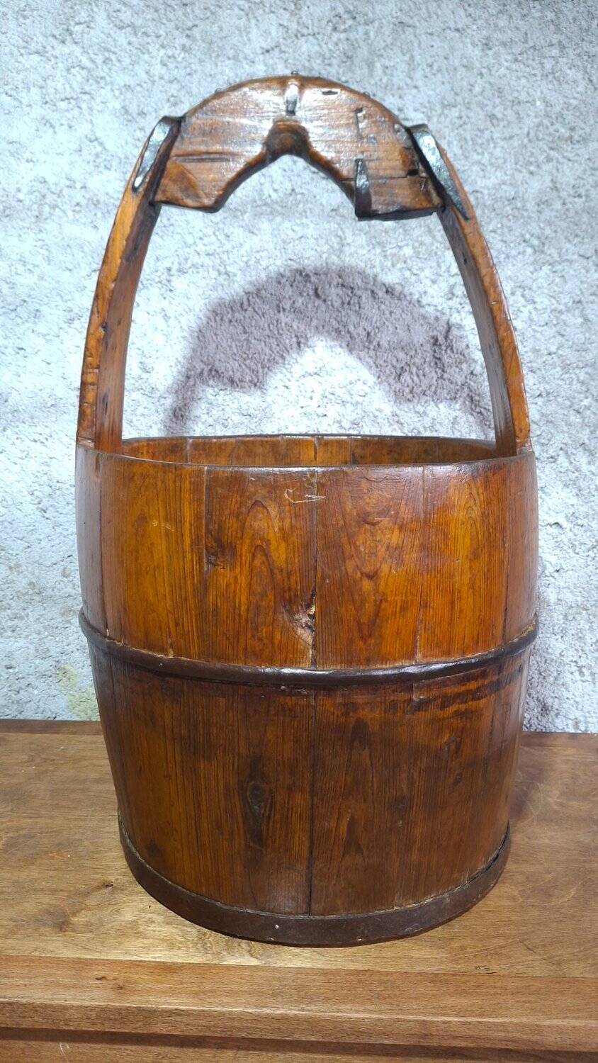 Old wooden well bucket with wrought iron bands – Late 19th century