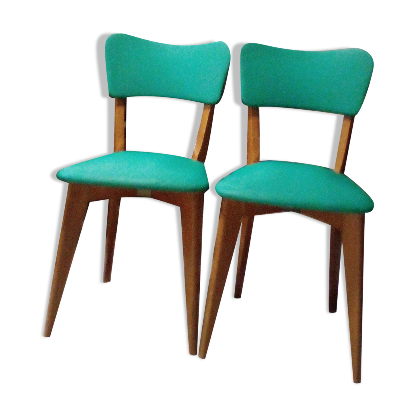 Title: Pair of vintage chairs from the 50s/60s – green vinyl seat in style