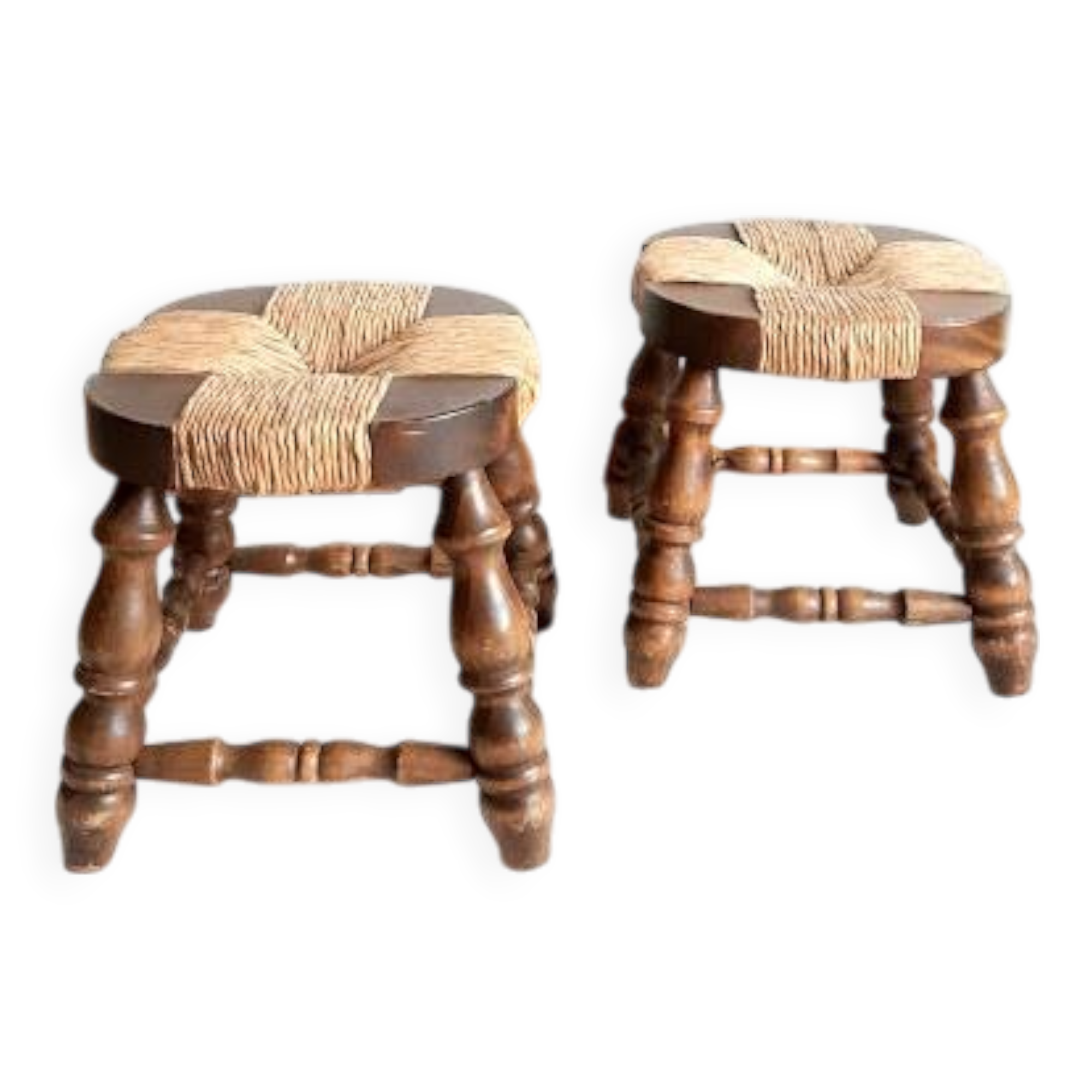 Pair of wood and straw fireplace stools, 1950s