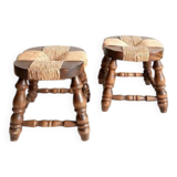 Pair of wood and straw fireplace stools, 1950s
