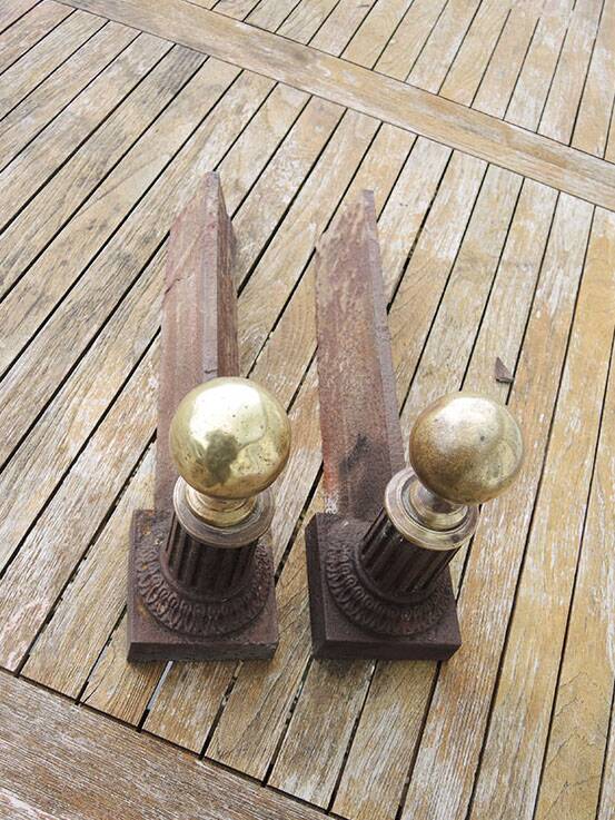 Antique neoclassical cast iron & brass fireplace andirons