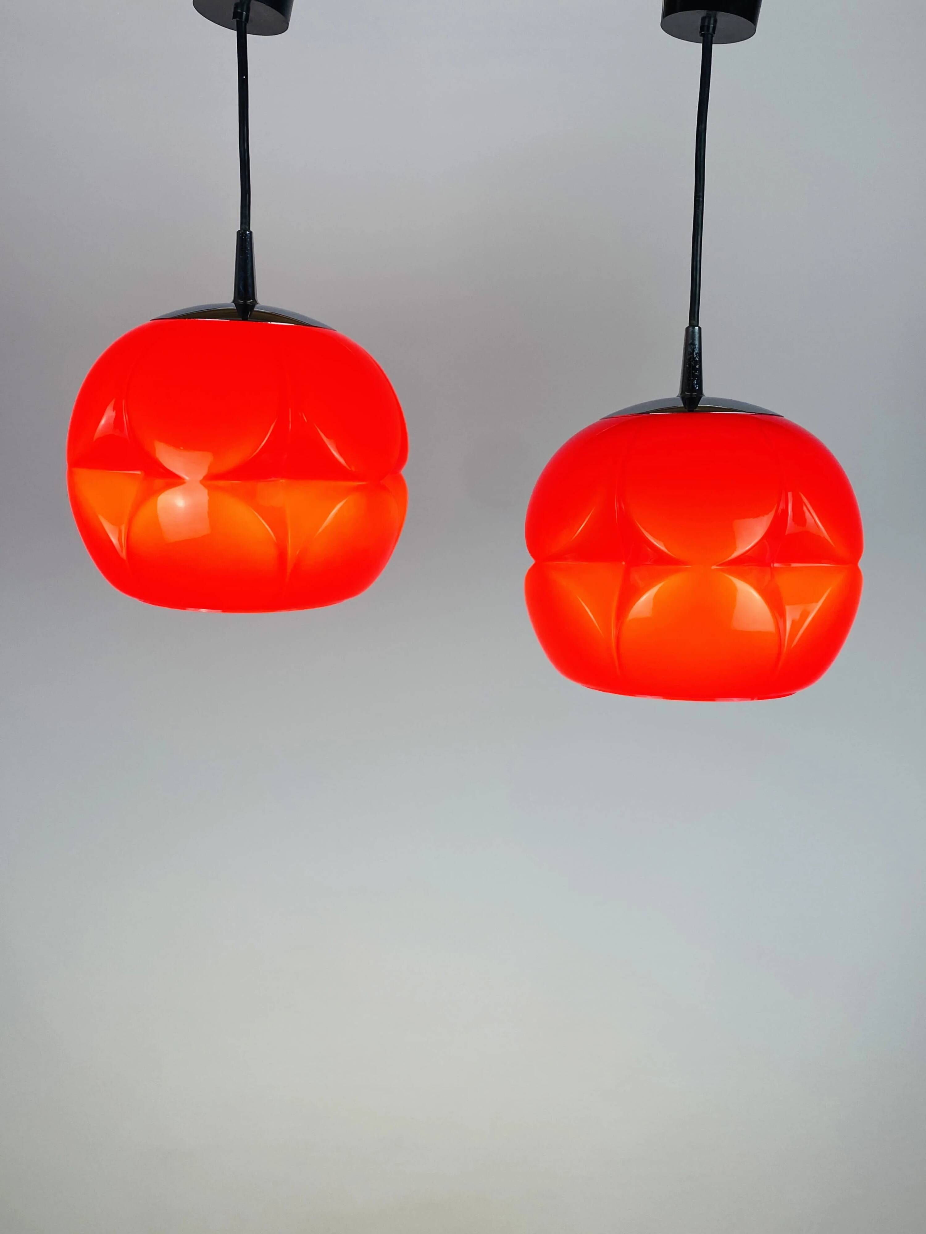 Pair of artichoke glass pendants in red by Peill and Putzler 1960