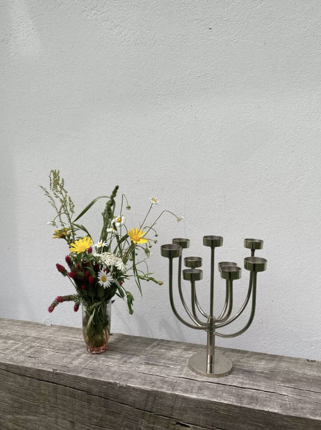Silver metal candlestick with 8 stainless steel branches