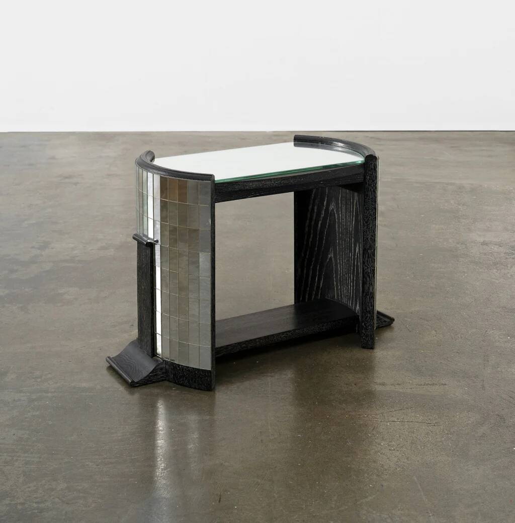 Vintage ebonised oak and mirror mosaic side table
