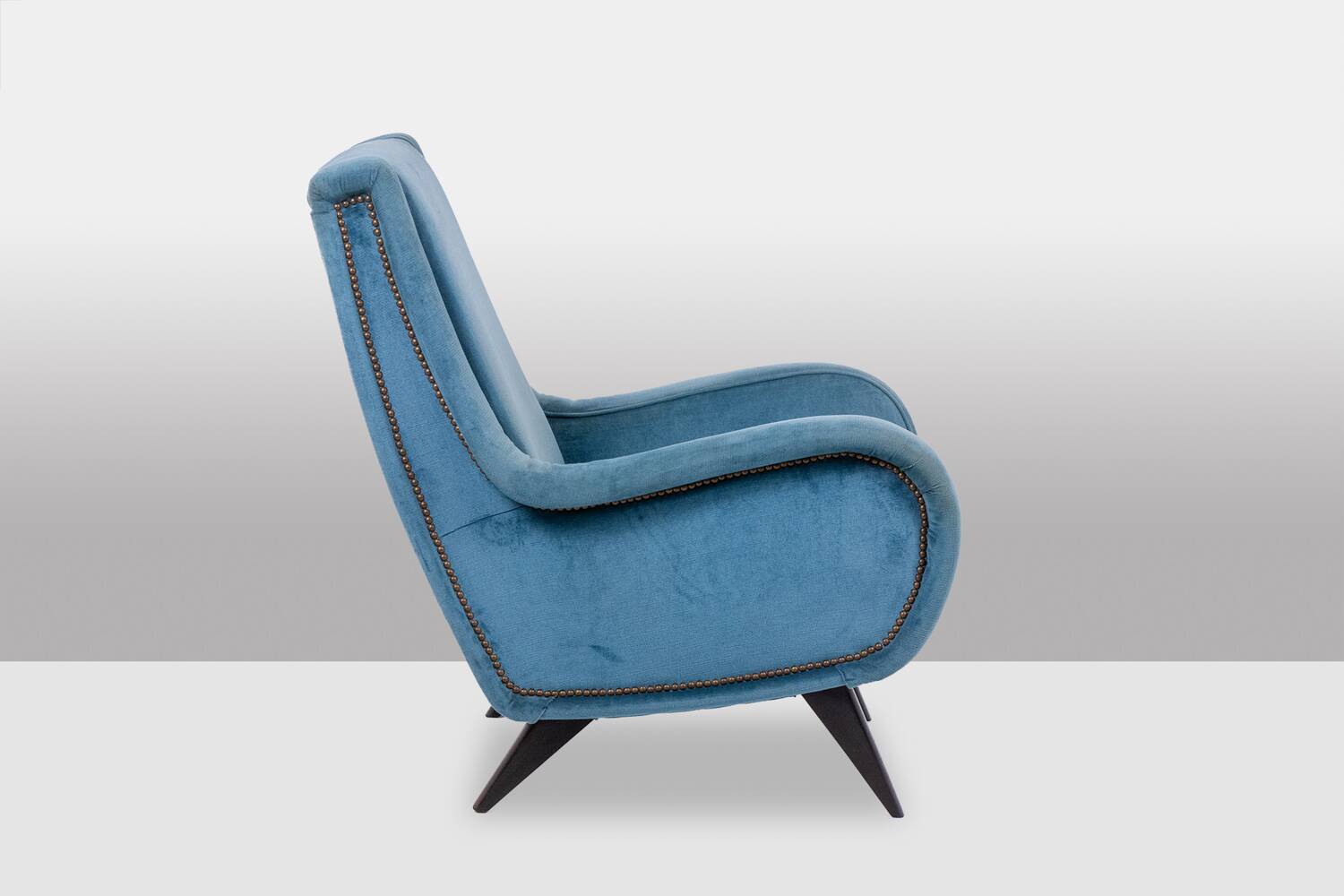 Blue velvet armchair, beech base. 1950s.