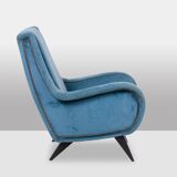 Blue velvet armchair, beech base. 1950s.