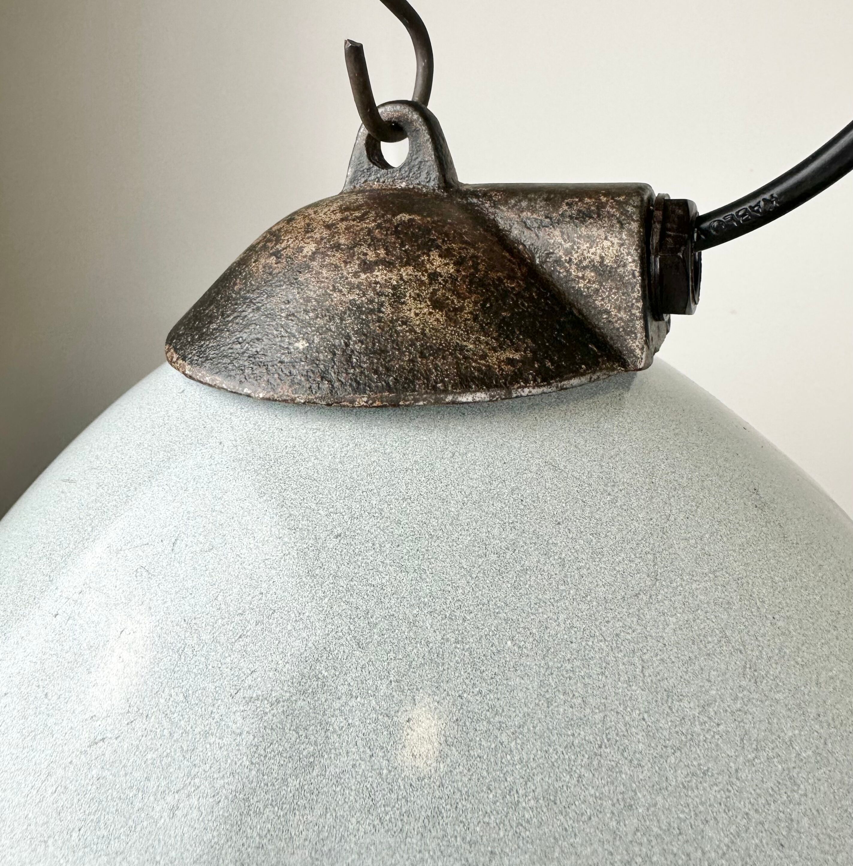 Industrial grey enamel factory lamp with cast iron top, 1960s