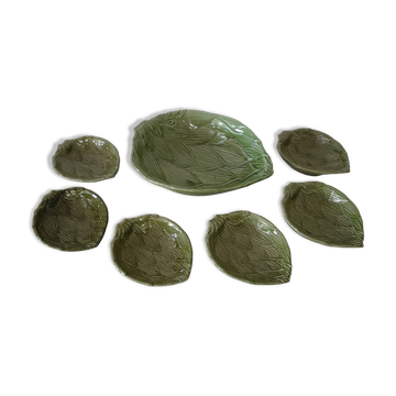 Salad bowl + 6 green artichoke barbotine bowls vintage 70s