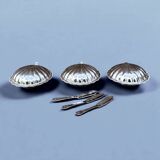 Set of 3 vintage shell butter dishes in stainless steel and cobalt blue glass