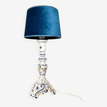 Rouen earthenware and blue velvet table lamp