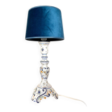 Rouen earthenware and blue velvet table lamp