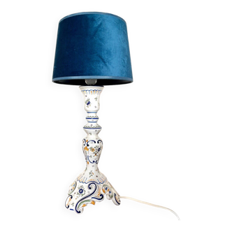 Lampe de table en faïence de Rouen et velours bleu