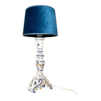 Rouen earthenware and blue velvet table lamp