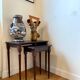 Dark wood and black leather tables