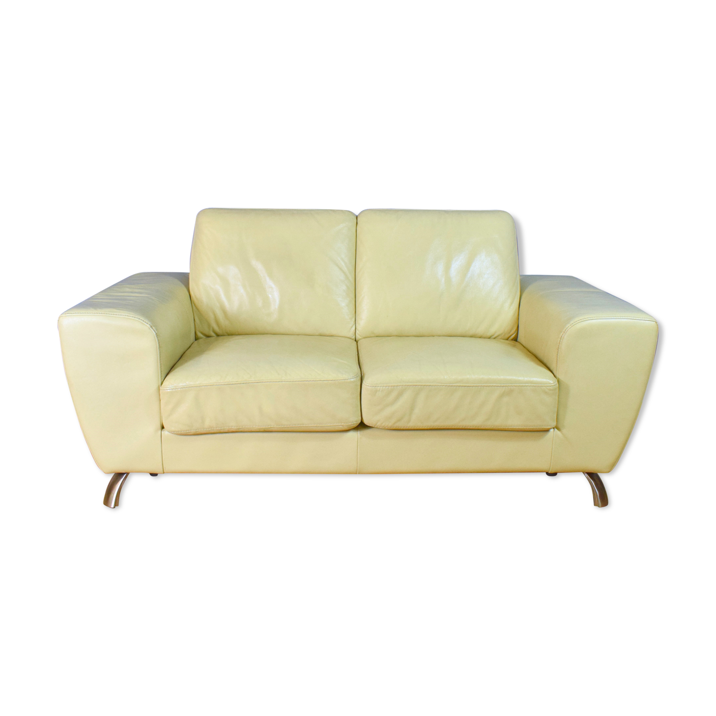 Mid Century Retro Italian Cream Leather 2 Seat Sofa Settee Couch by Moroso 1980s