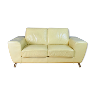 Mid Century Retro Italian Cream Leather 2 Seat Sofa Settee Couch by Moroso 1980s