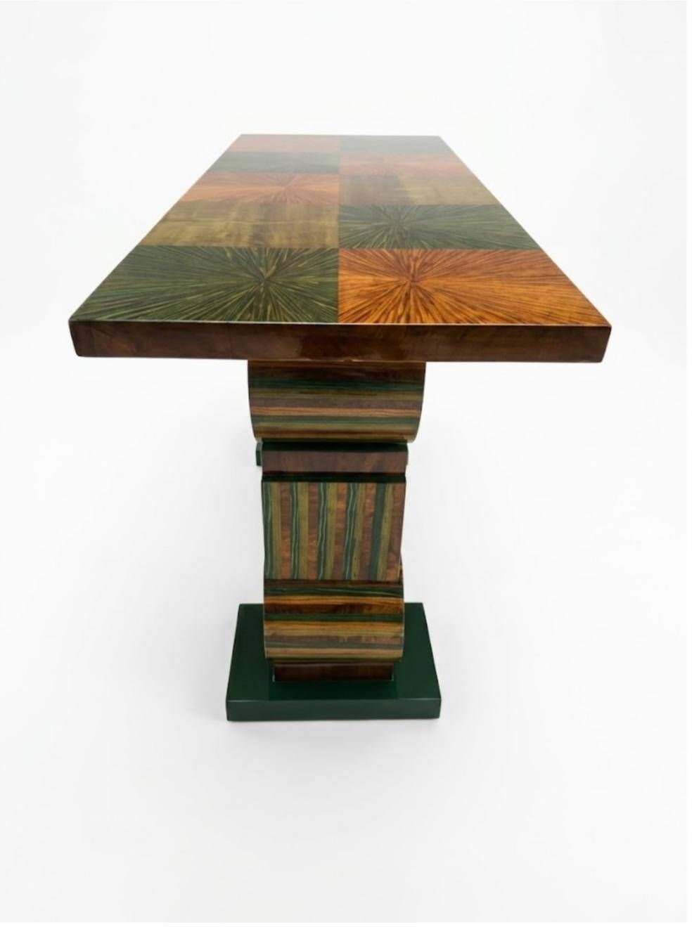 Two ragmen & an Art Deco console table in marquetry and beech.