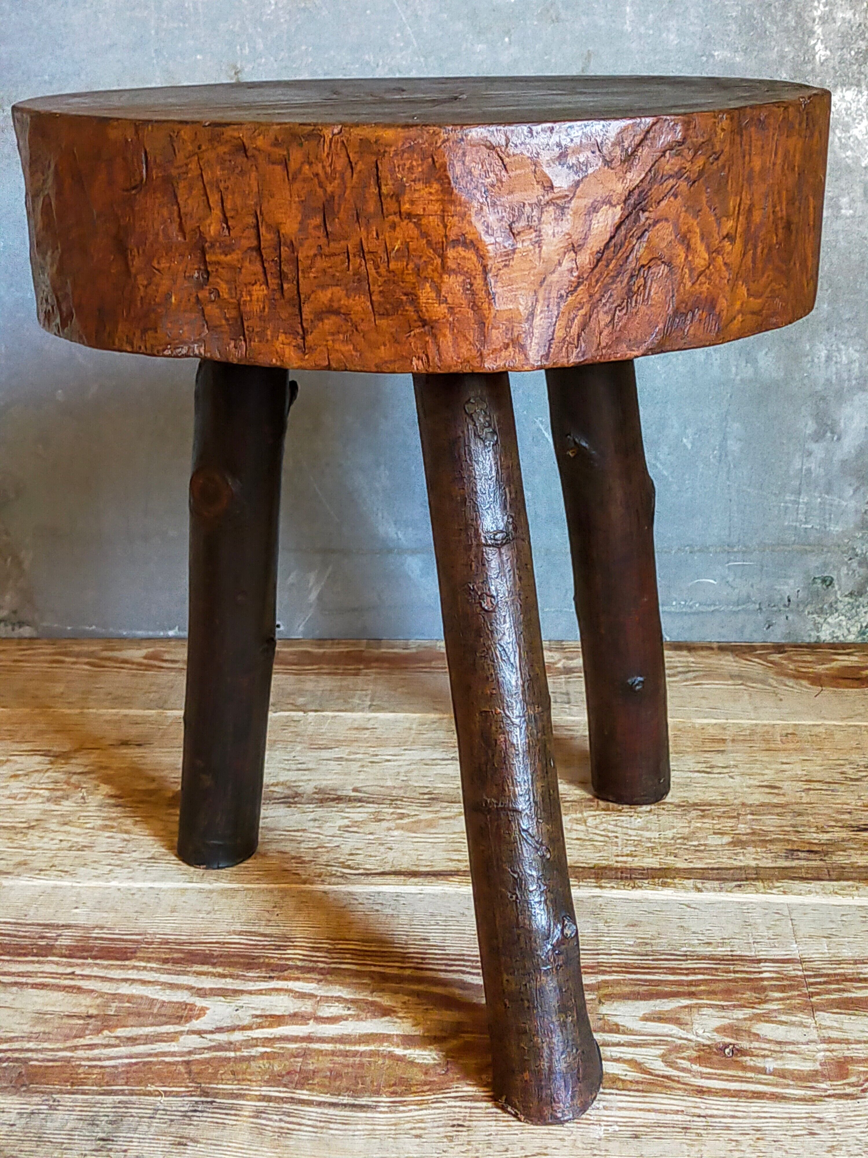 Brutalist tripod stool vintage folk art