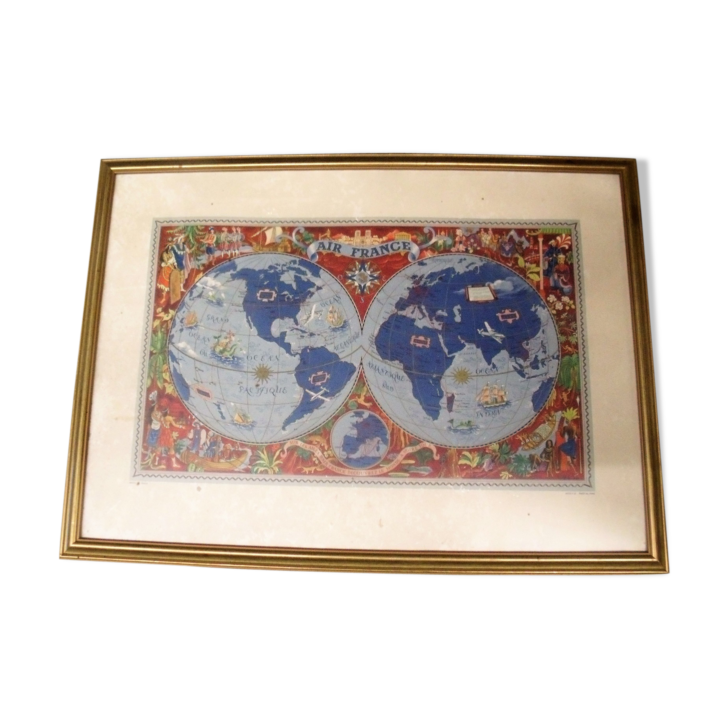 Old card Air France 1950 shown by Lucien Boucher planisphere