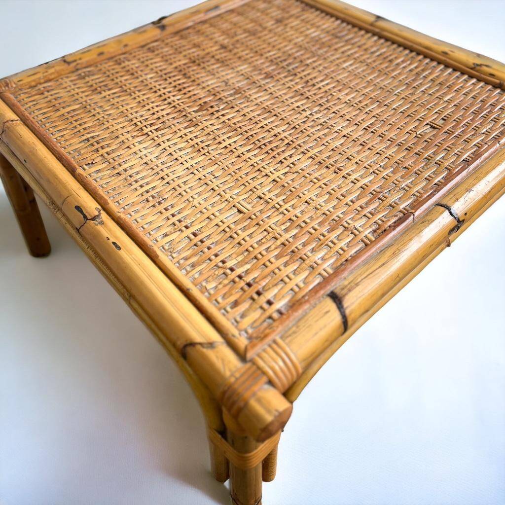 VINTAGE BAMBOO SQUARE COFFEE TABLE / COFFEE TABLE WITH RATTAN