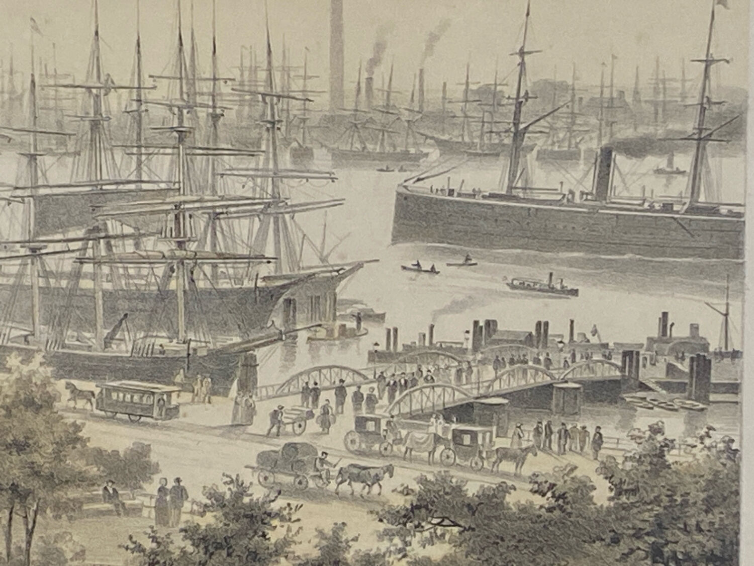Lithograph under glass "Port of Hamburg", 19th century.