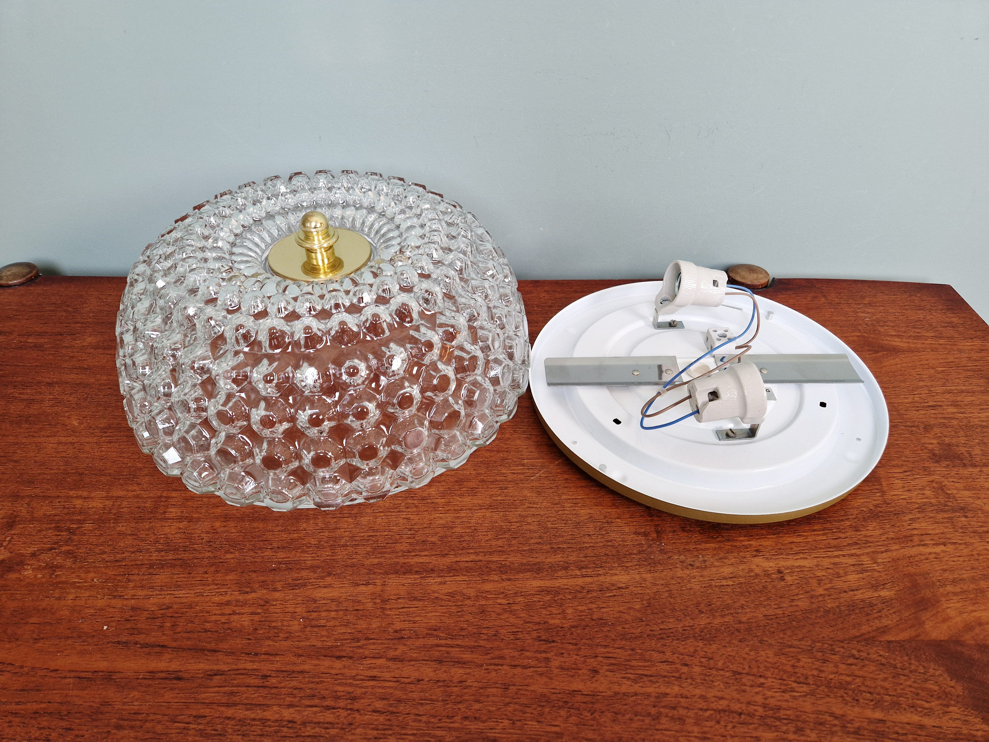 Large honeycomb glass ceiling light and brass, Glasshütte Limburg, 1970
