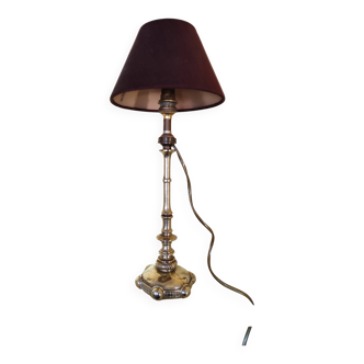 Pied de lampe en laiton bronze doré, ancien flambeau bougeoir électrifié