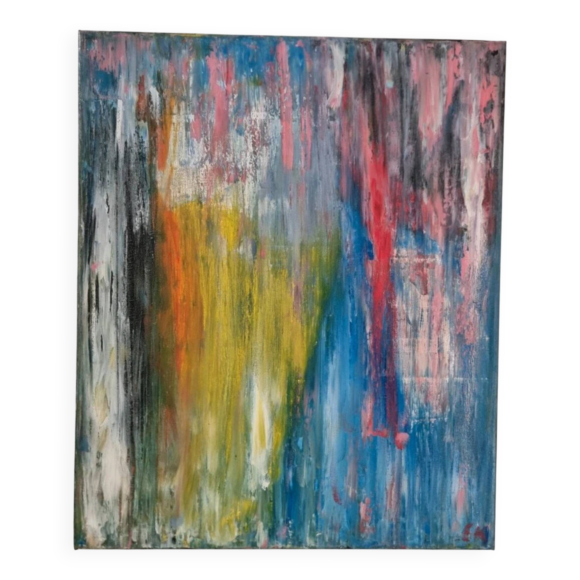 Multicoloured abstract table blue yellow pink 46x38 cm painting signed