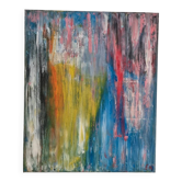 Multicoloured abstract table blue yellow pink 46x38 cm painting signed