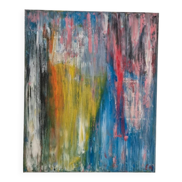Multicoloured abstract table blue yellow pink 46x38 cm painting signed