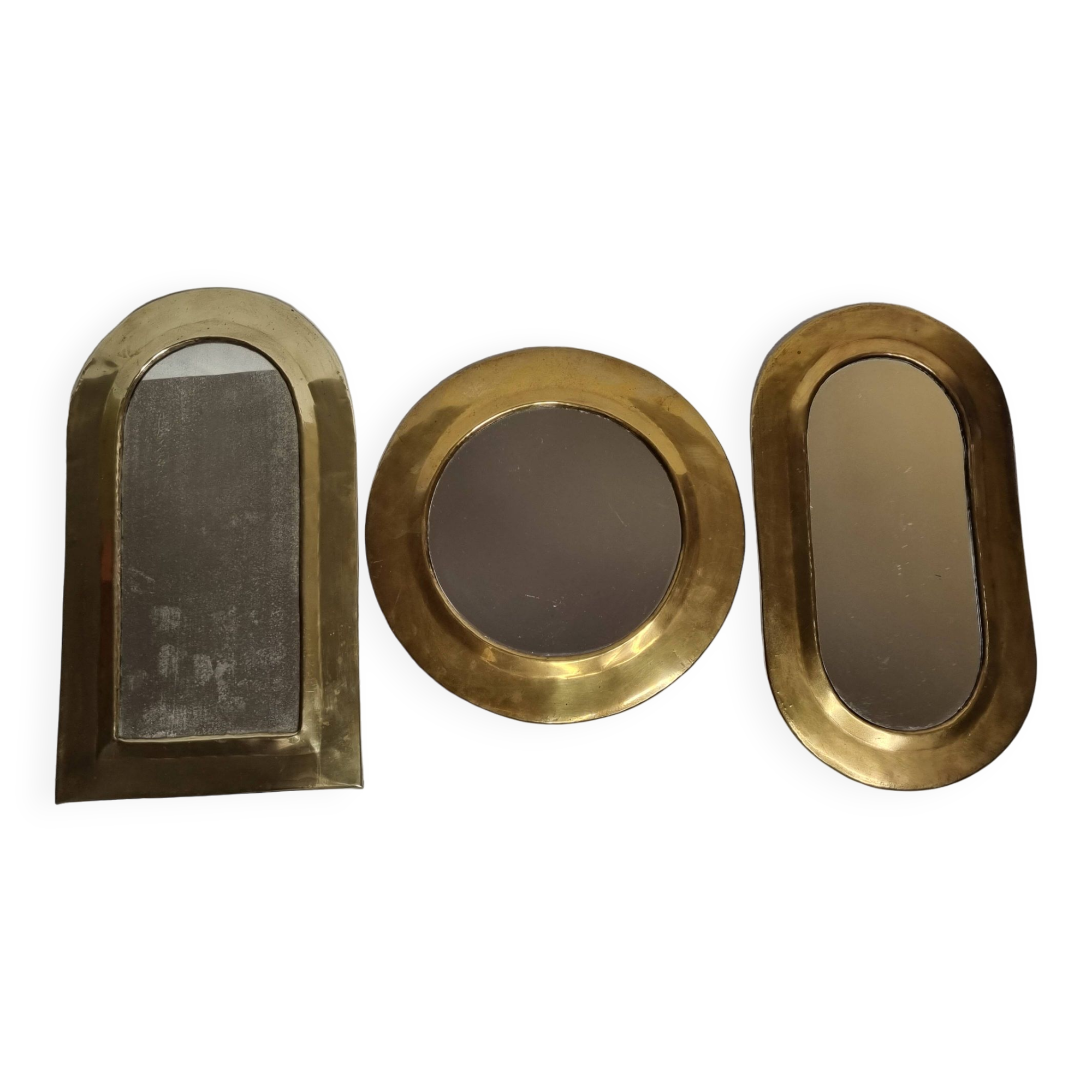 Set of three antique Moroccan brass mirrors, 32 cm