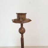 Candle holder in hammered metal with golden patina from the 70s