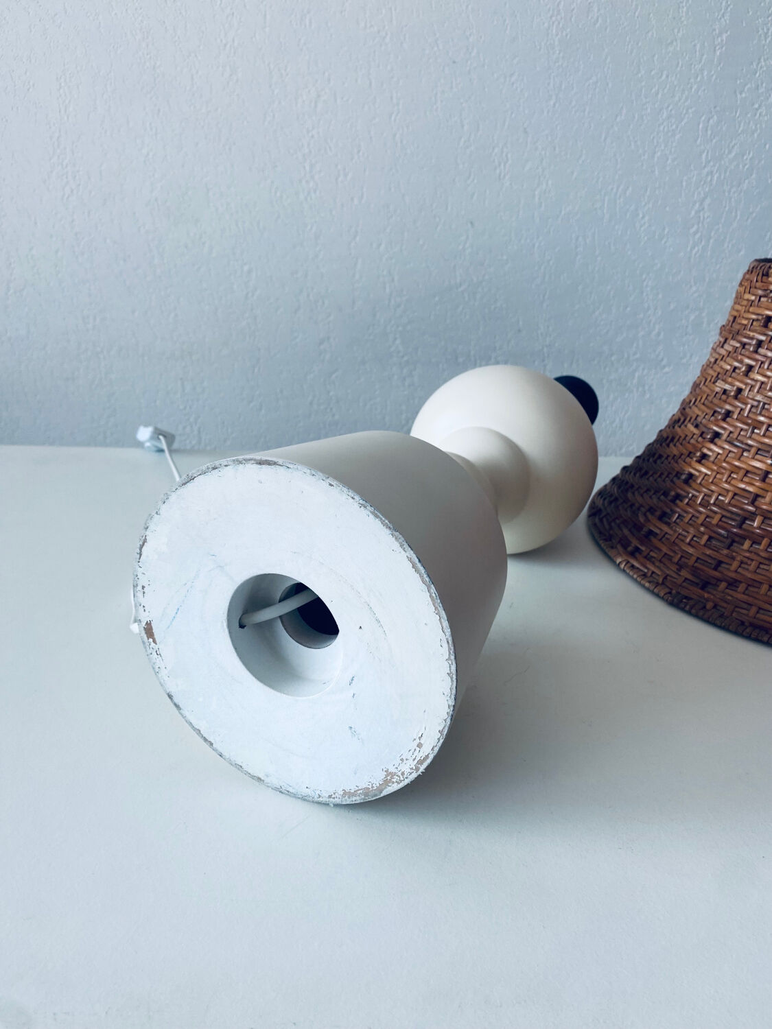 Large turned white wooden lamp