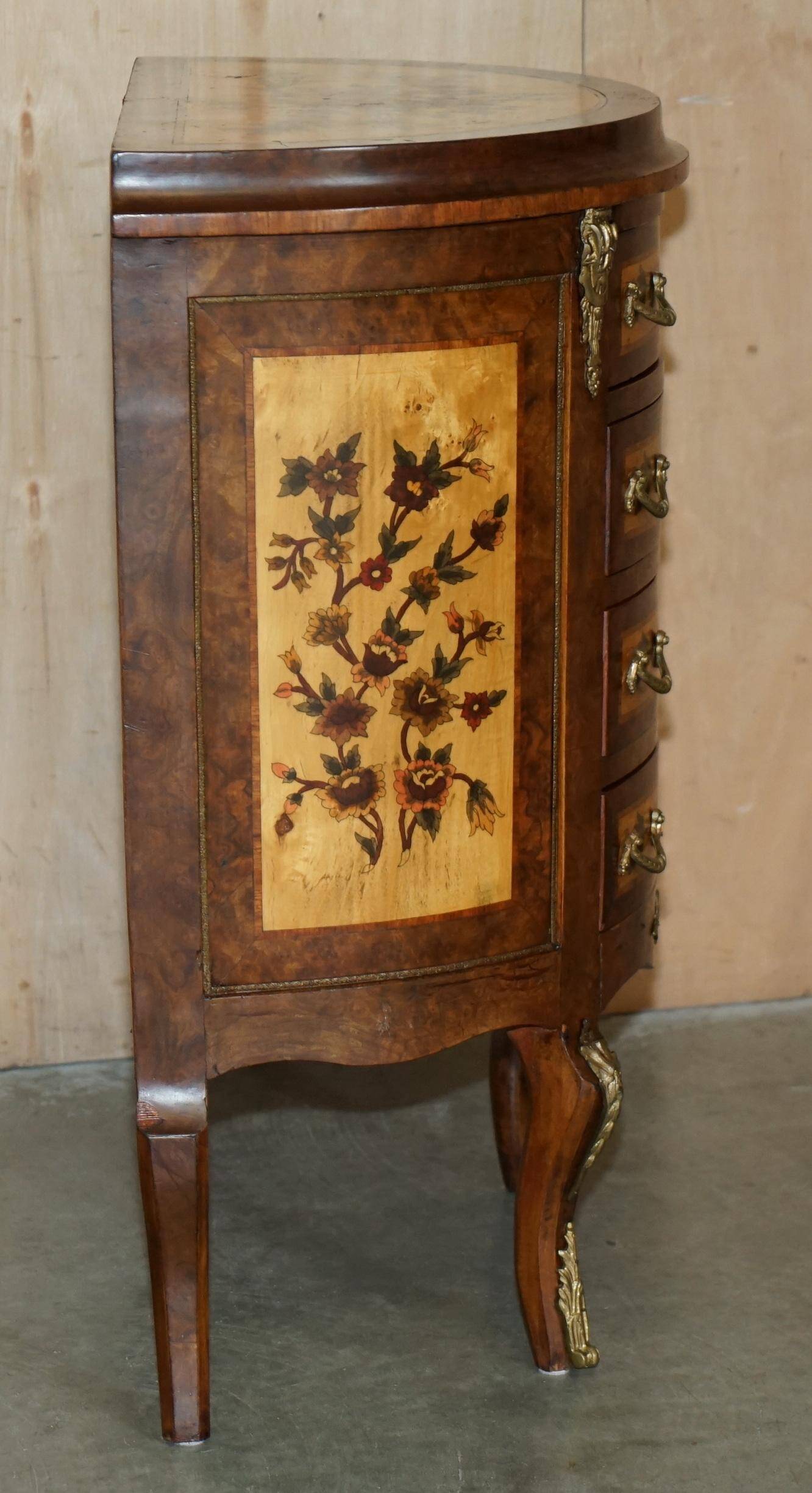Vintage 1940s demi-lune buffet in burr walnut and satin wood.