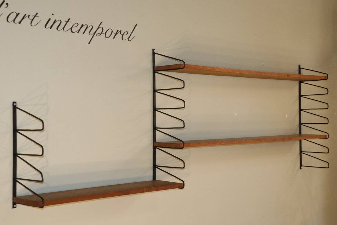 Vintage modular wall shelf in wood and metal, 1950s