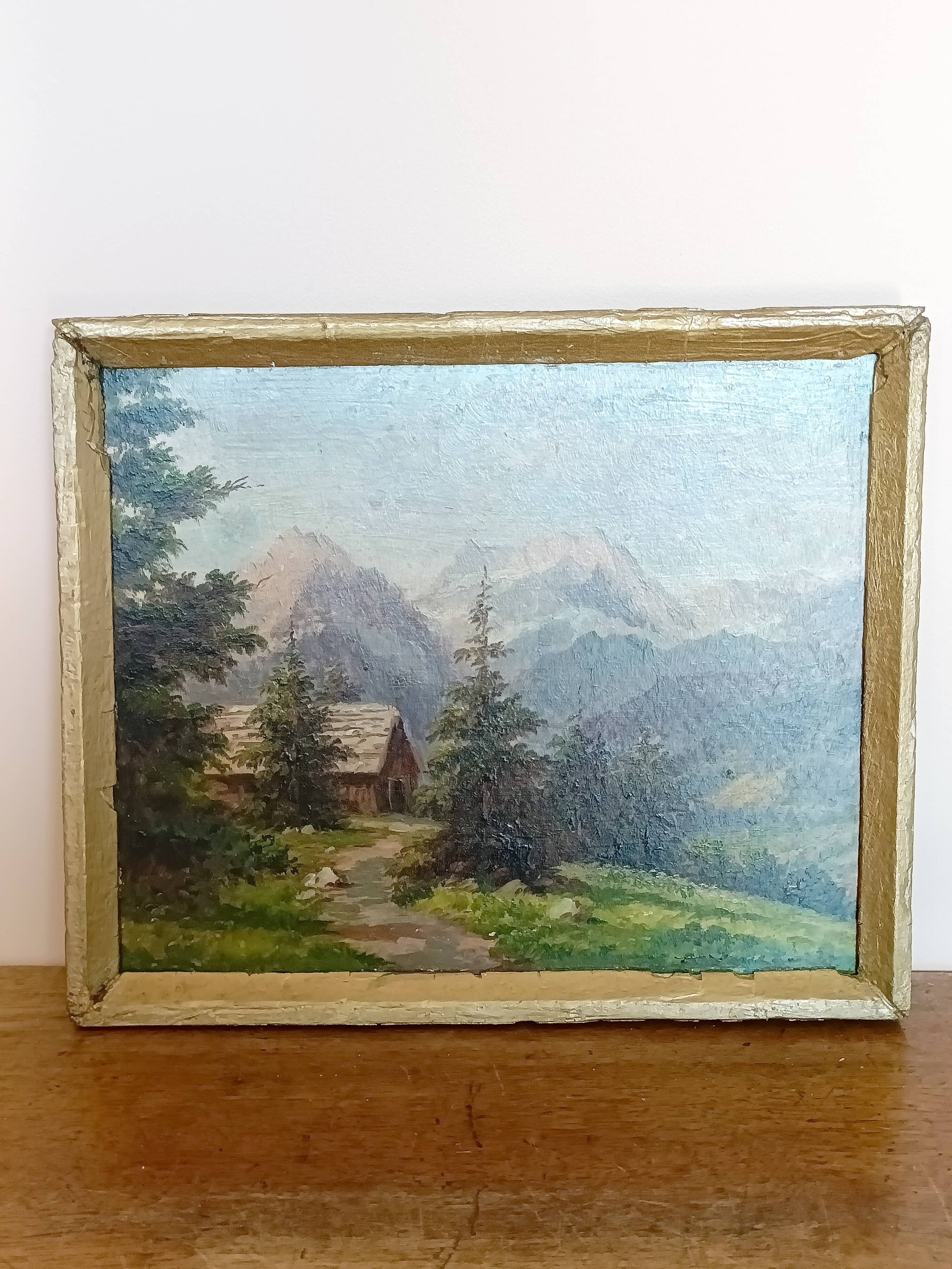 Oil on panel painting, signed K. Vukovic mountain landscape and chalet