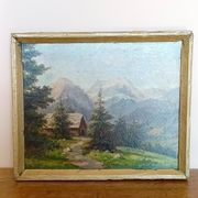 Tableau huile sur panneau, signé K. Vukovic paysage montagne et chalet
